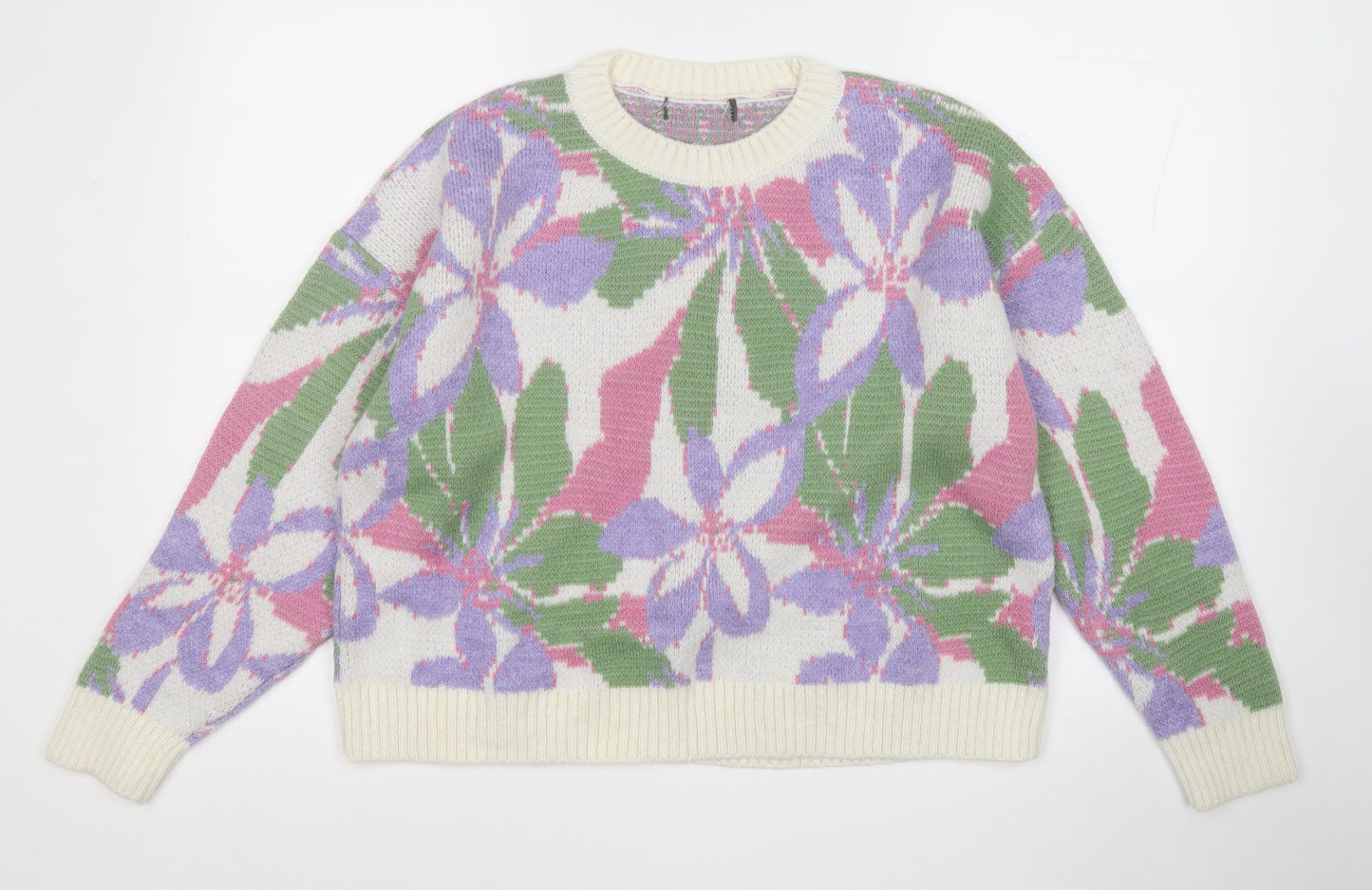 Primark Womens Multicoloured Round Neck Floral Acrylic Pullover Jumper Size 12