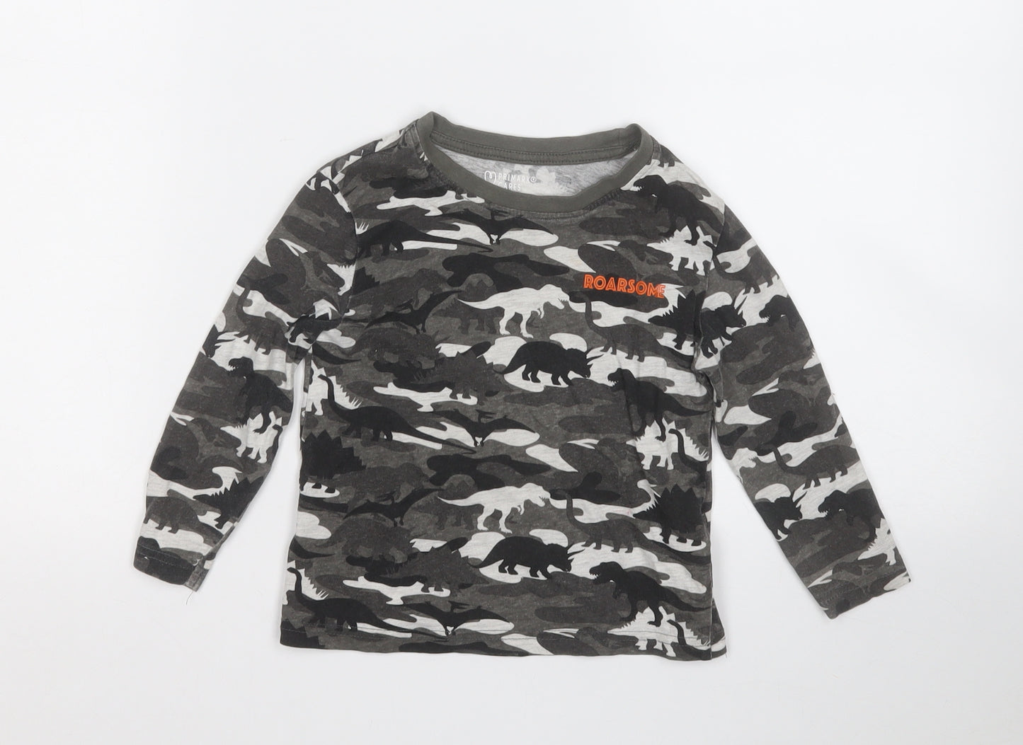 Primark Boys Grey Geometric Cotton Basic T-Shirt Size 18-24 Months Round Neck  - Dinosaur Roarsome