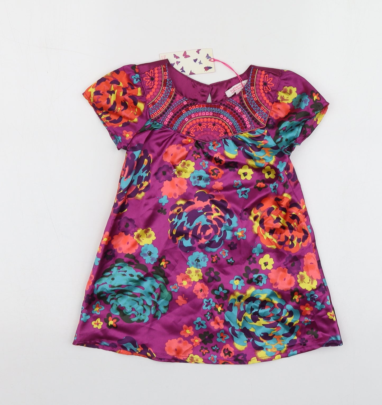 Butterfly Girls Purple Floral Polyester Shirt Dress  Size 12-18 Months  Round Neck
