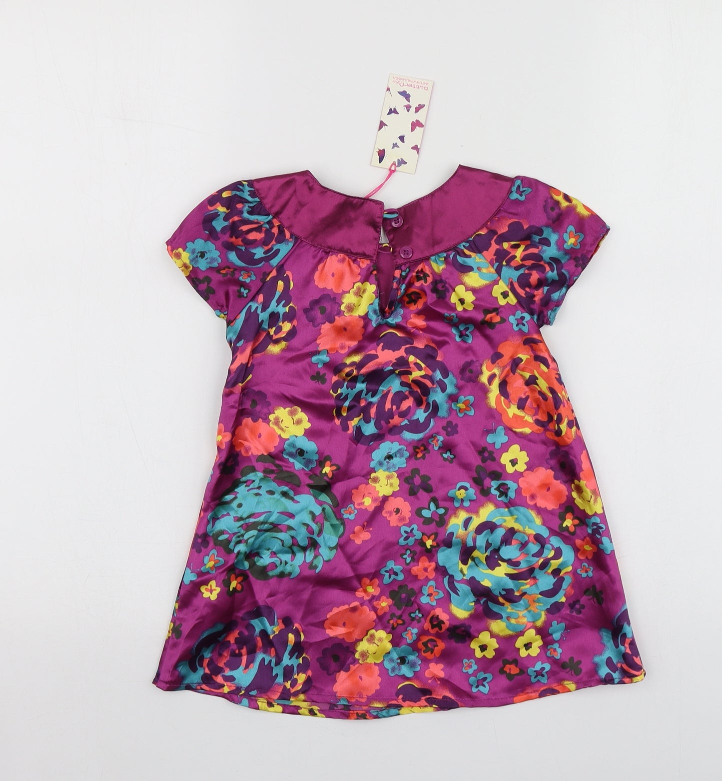 Butterfly Girls Purple Floral Polyester Shirt Dress  Size 12-18 Months  Round Neck