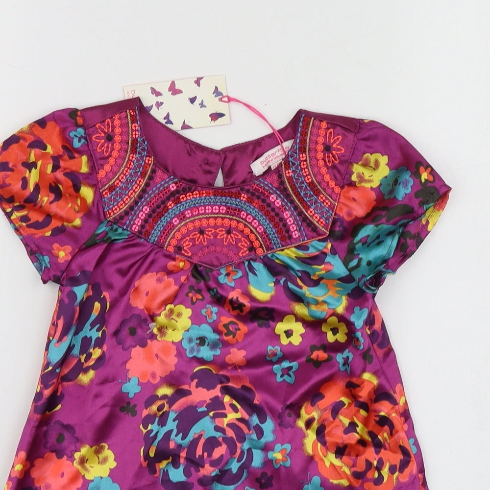 Butterfly Girls Purple Floral Polyester Shirt Dress  Size 12-18 Months  Round Neck