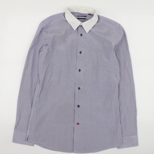 NEXT Mens Blue Striped Polyester  Button-Up Size 15 Collared