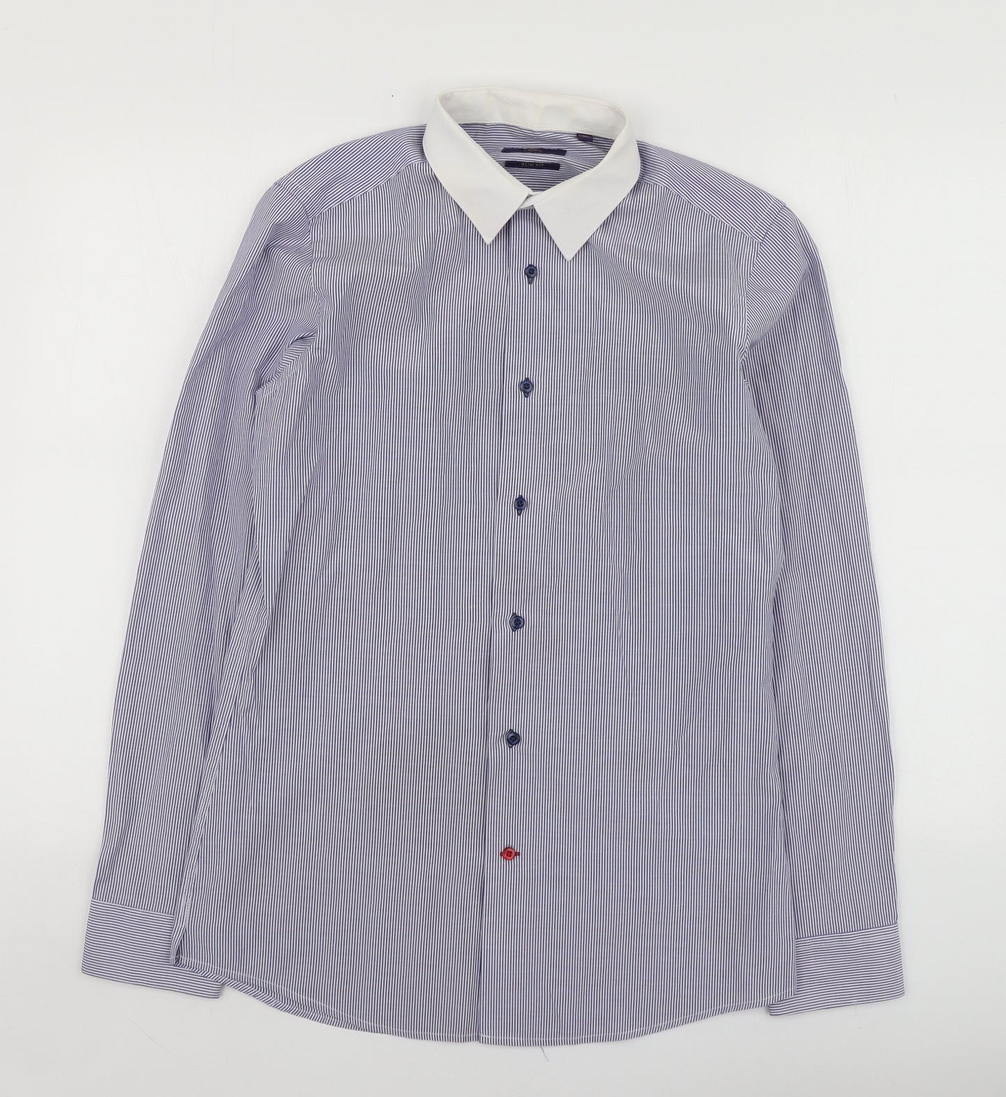 NEXT Mens Blue Striped Polyester  Button-Up Size 15 Collared