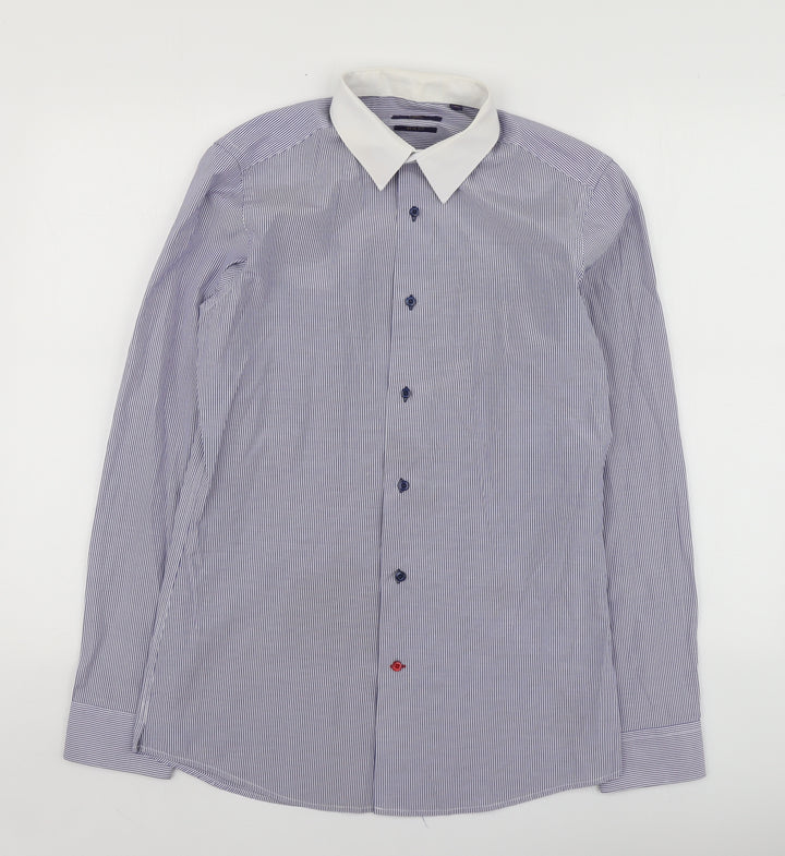 NEXT Mens Blue Striped Polyester  Button-Up Size 15 Collared
