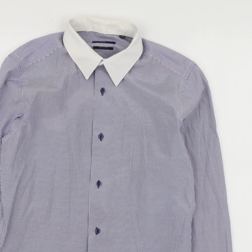 NEXT Mens Blue Striped Polyester  Button-Up Size 15 Collared