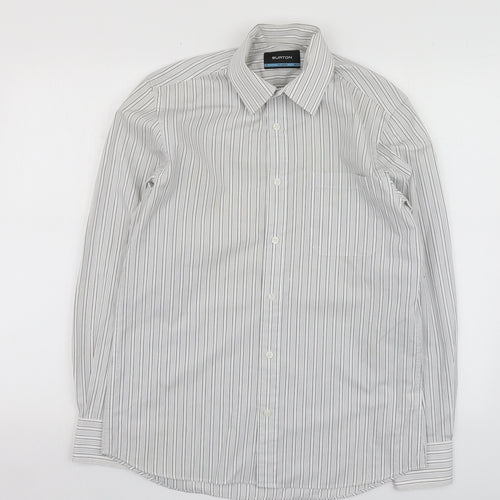Burton Mens Grey Striped Polyester  Button-Up Size 15 Collared