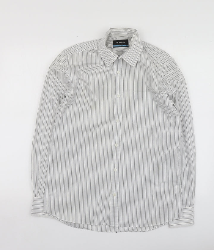 Burton Mens Grey Striped Polyester Button-Up Size 15 Collared