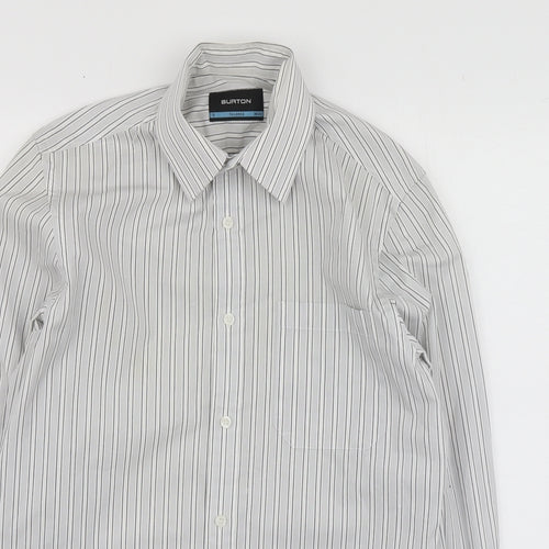 Burton Mens Grey Striped Polyester  Button-Up Size 15 Collared
