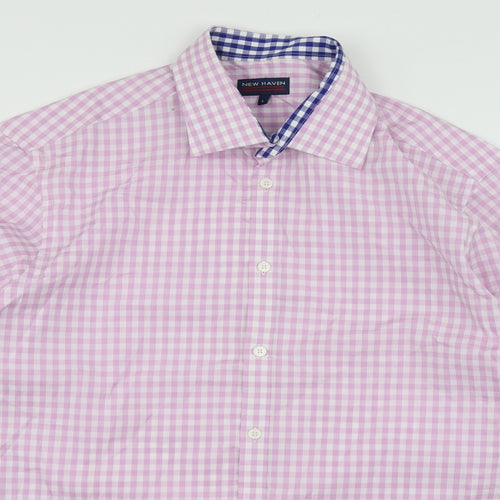 New Haven Mens Pink Check Cotton  Button-Up Size L Collared
