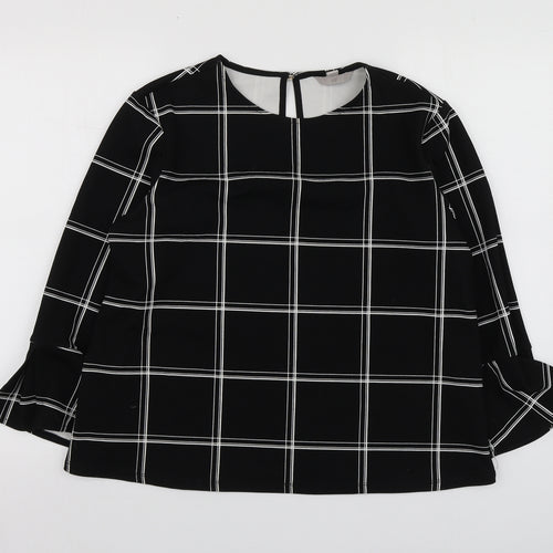 H&M Womens Black Check Polyester Basic Blouse Size M Round Neck