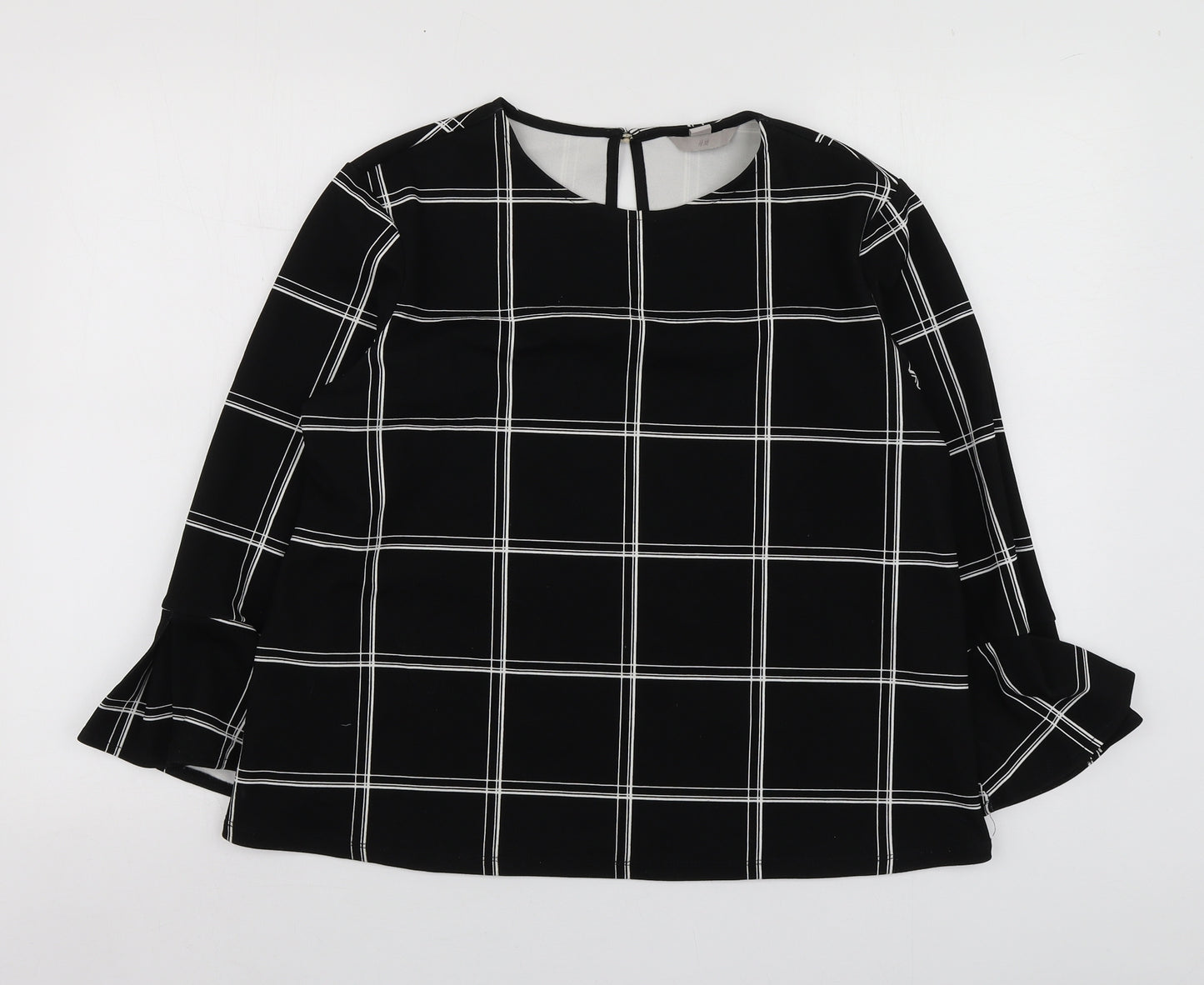 H&M Womens Black Check Polyester Basic Blouse Size M Round Neck
