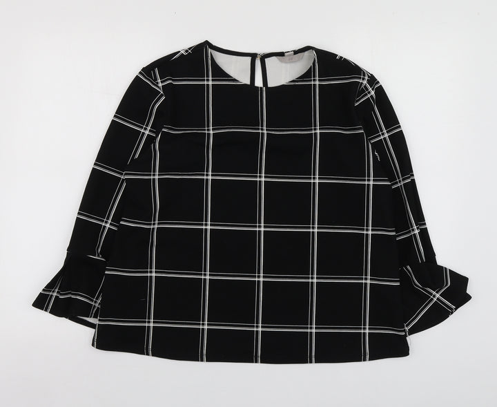 H&M Womens Black Check Polyester Basic Blouse Size M Round Neck
