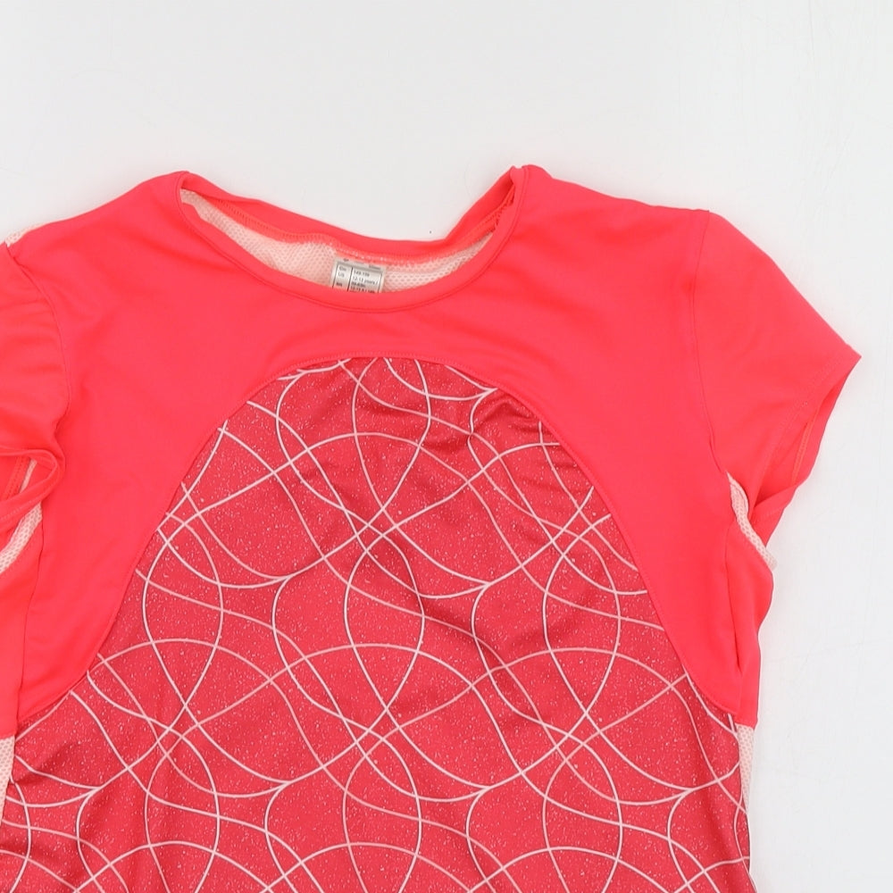 DECATHLON Girls Pink Geometric Polyester Basic T-Shirt Size 12-13 Years Round Neck