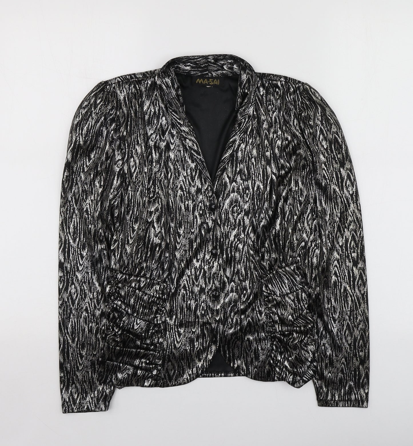 Ma-Sai Womens Black Geometric Polyester Jacket Blazer Size 10