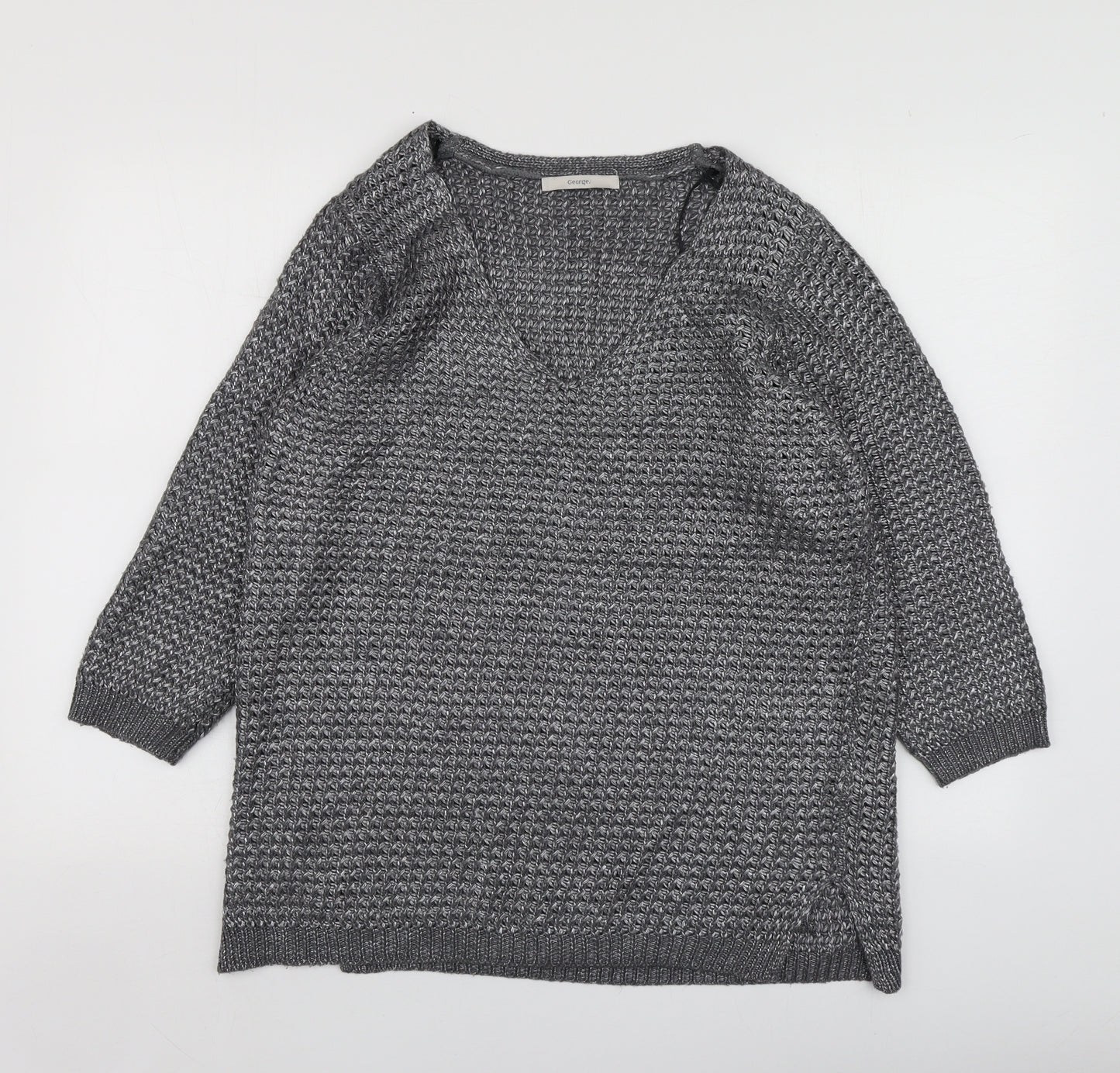 George Womens Silver V-Neck  Polyester Pullover Jumper Size L