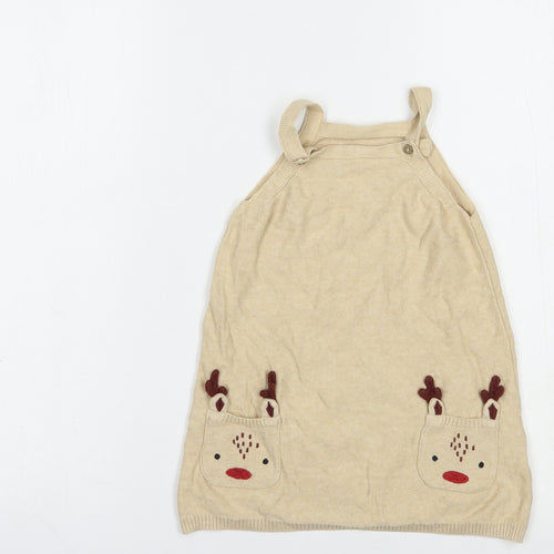 TU Girls Beige  Cotton Tank Dress  Size 2-3 Years  Square Neck Button - Rudolph