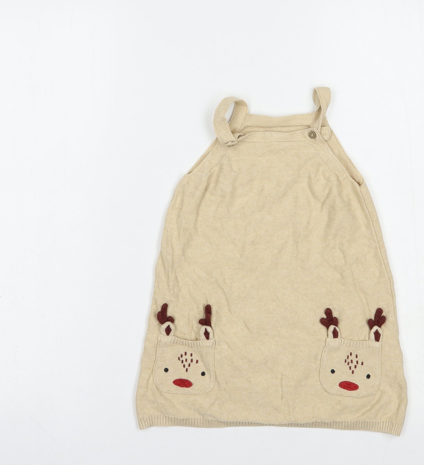 TU Girls Beige  Cotton Tank Dress  Size 2-3 Years  Square Neck Button - Rudolph