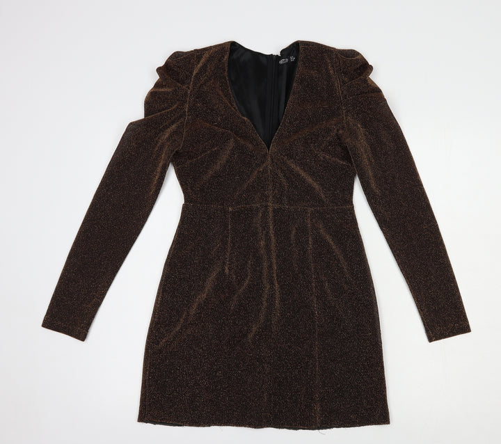 Nasty Gal Womens Brown Polyester Mini Size 8 V-Neck Zip