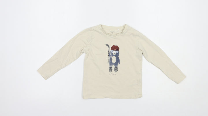 name it Boys Beige Cotton Pullover T-Shirt Size 2-3 Years Crew Neck Pullover - Bear