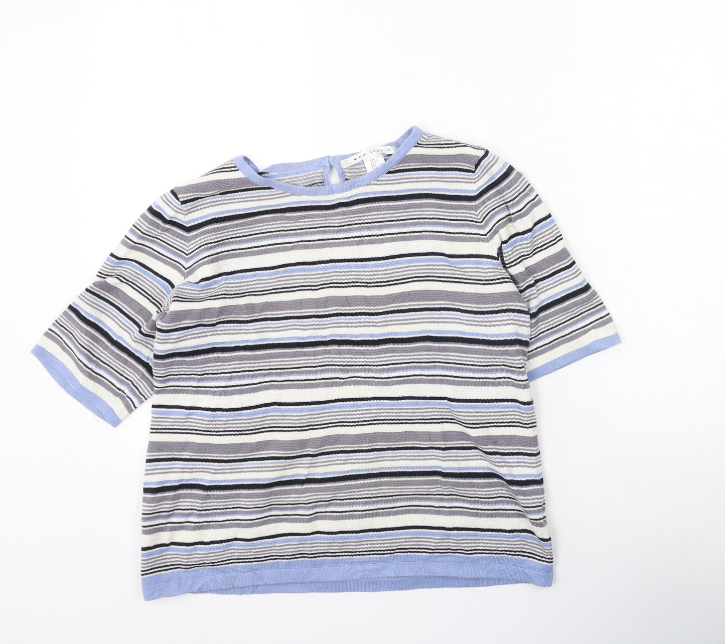 wax studio Womens Blue Striped Cotton Basic T-Shirt Size L Round Neck