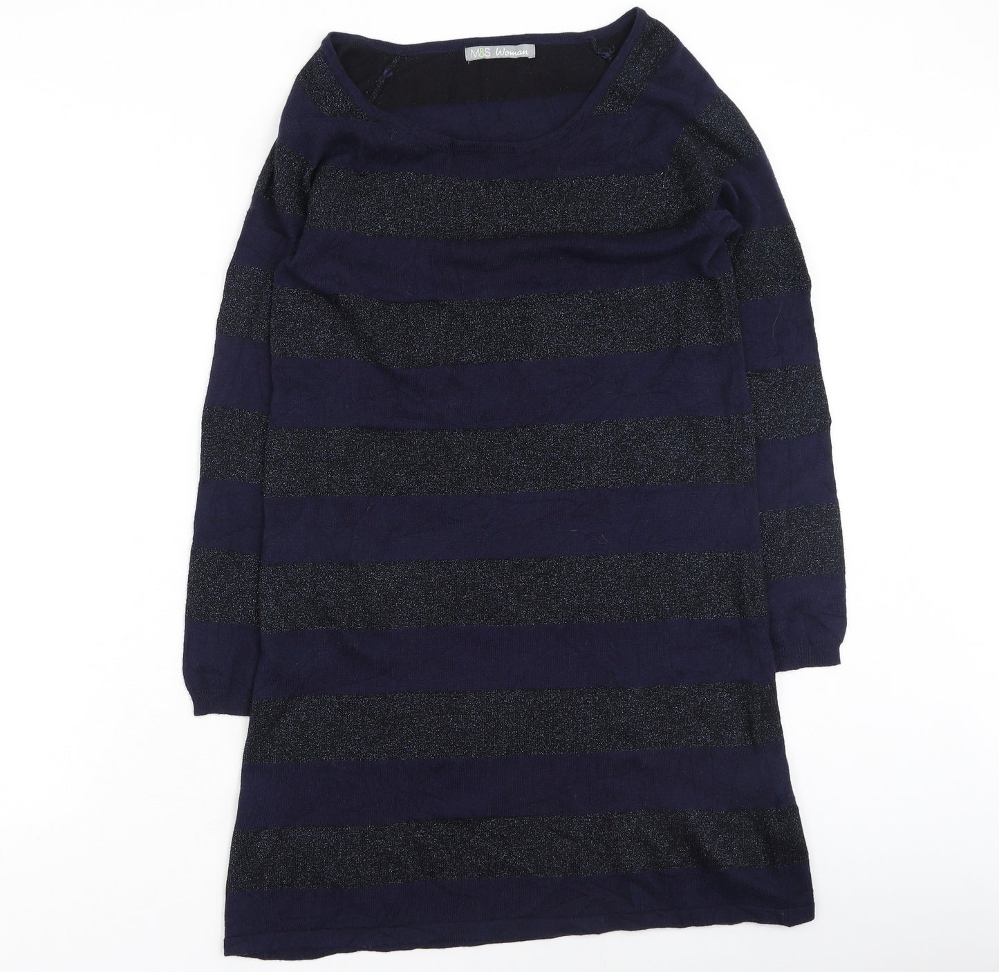 Marks and Spencer Womens Blue Round Neck Striped Viscose Pullover Jumper Size 12