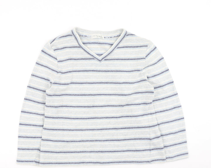 David Nieper Mens Blue V-Neck Striped Cotton Pullover Jumper Size S