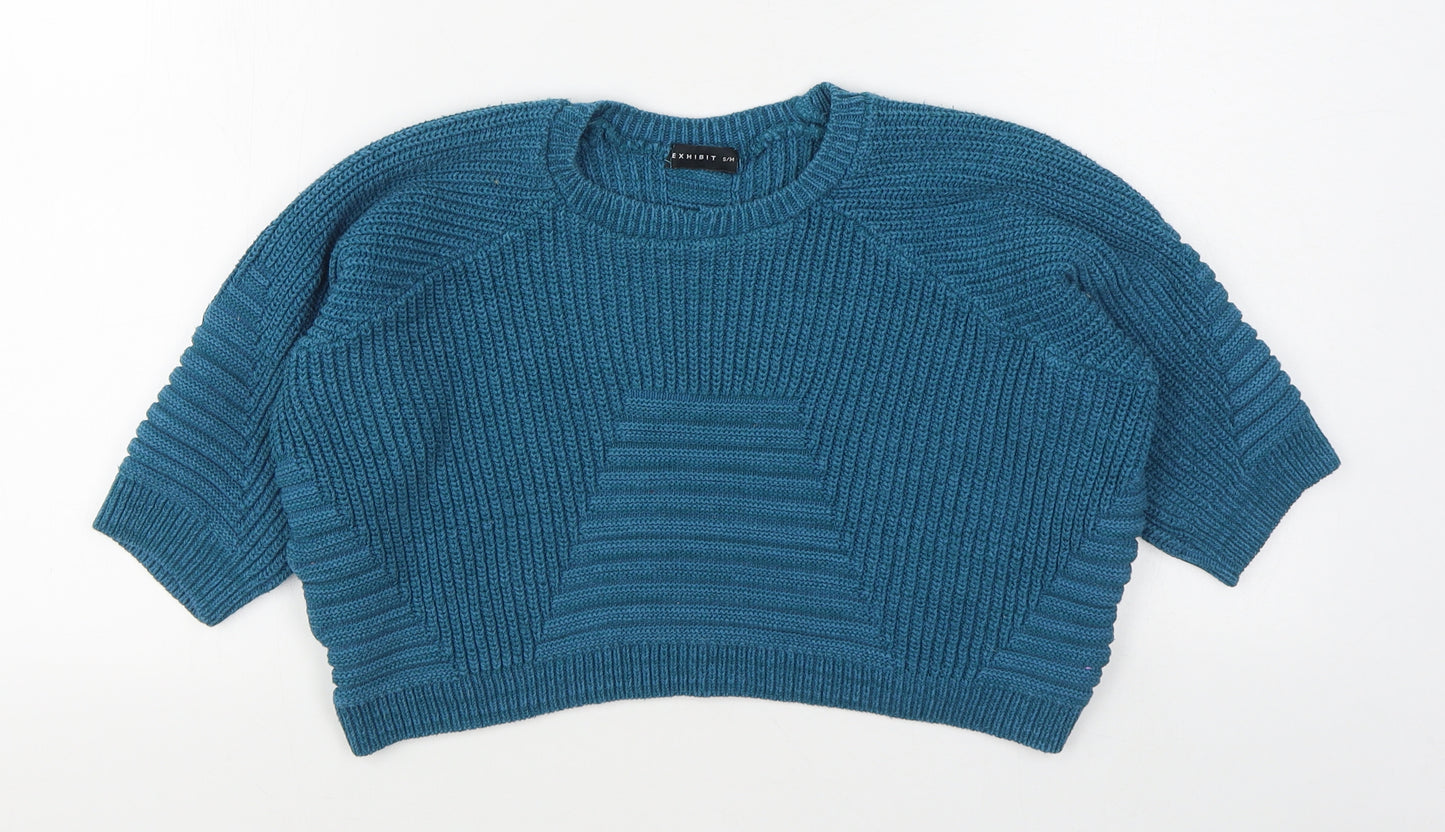 Exhibit Womens Blue Round Neck  Cotton Blend Pullover Jumper Size S