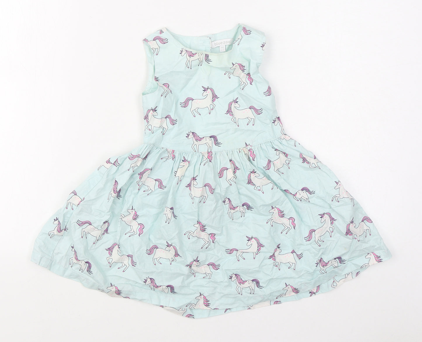 Blue Zoo Girls Blue Geometric 100% Cotton Skater Dress  Size 2-3 Years  Round Neck Button