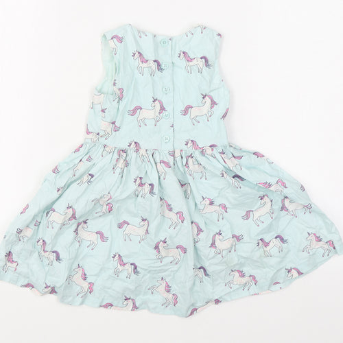 Blue Zoo Girls Blue Geometric 100% Cotton Skater Dress  Size 2-3 Years  Round Neck Button