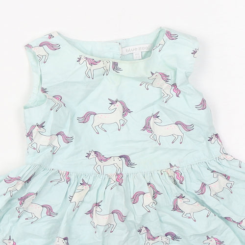 Blue Zoo Girls Blue Geometric 100% Cotton Skater Dress  Size 2-3 Years  Round Neck Button