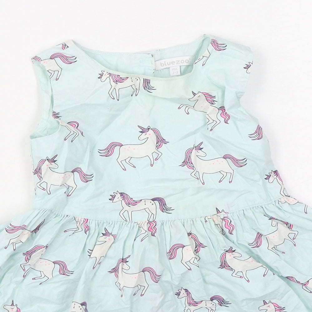 Blue Zoo Girls Blue Geometric 100% Cotton Skater Dress  Size 2-3 Years  Round Neck Button