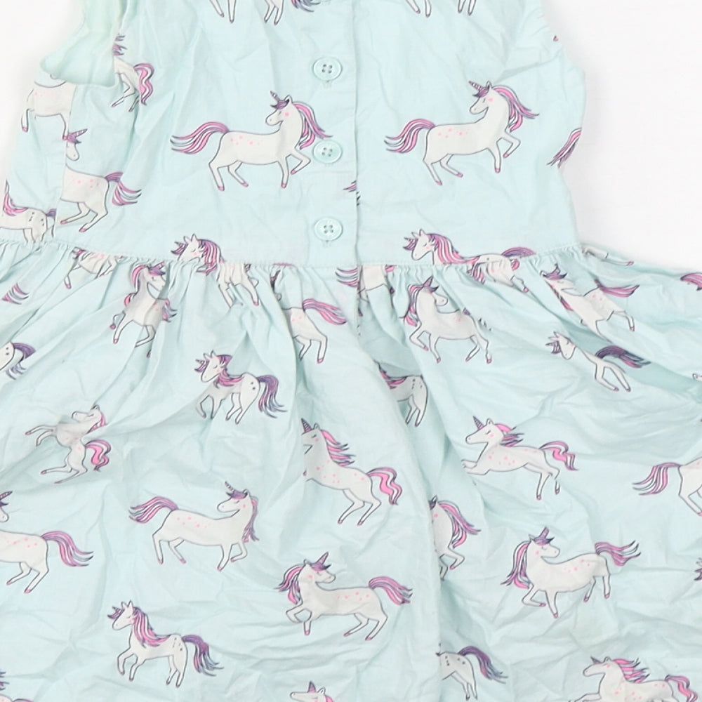 Blue Zoo Girls Blue Geometric 100% Cotton Skater Dress  Size 2-3 Years  Round Neck Button