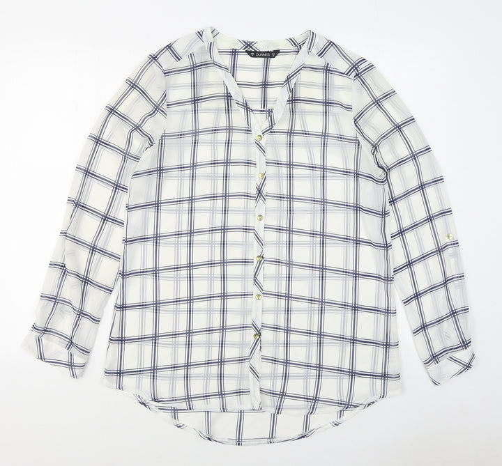 Dunnes Stores Womens White Plaid Polyester Basic Button-Up Size 12 Collared