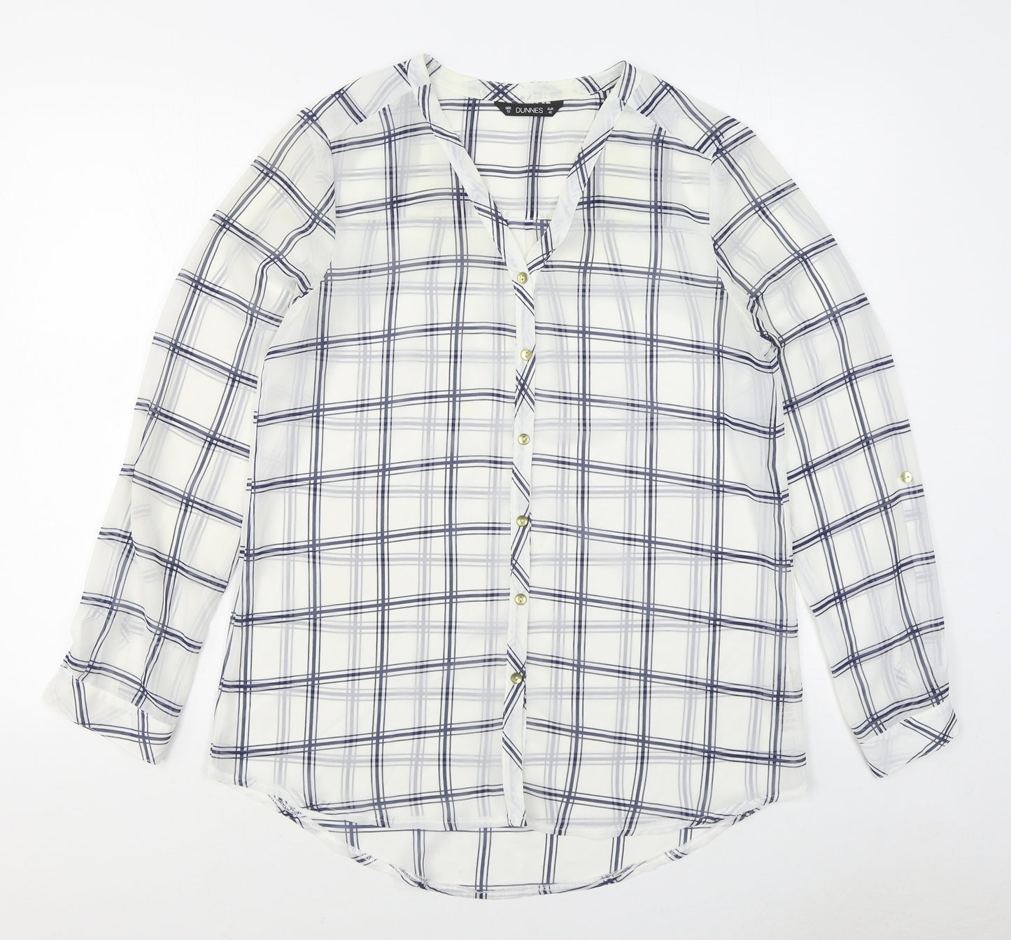 Dunnes Stores Womens White Plaid Polyester Basic Button-Up Size 12 Collared