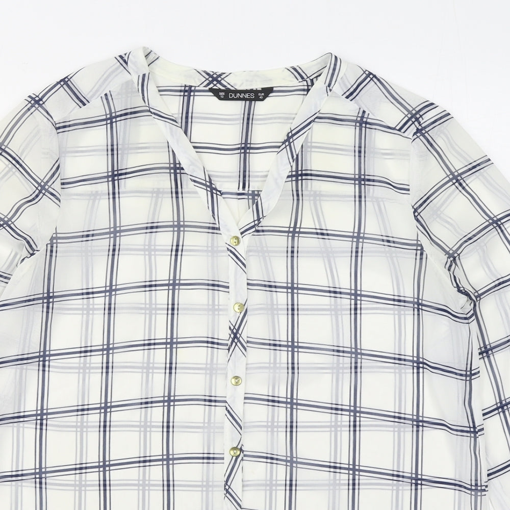 Dunnes Stores Womens White Plaid Polyester Basic Button-Up Size 12 Collared