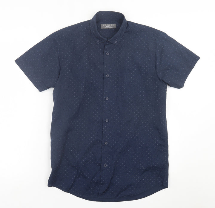 Primark Mens Blue Polka Dot Polyester Button-Up Size S Collared Button