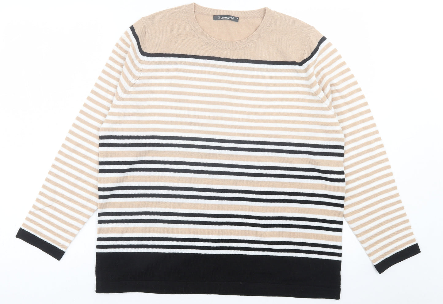 bonmarch Womens Beige Crew Neck Striped Acrylic Pullover Jumper Size 18
