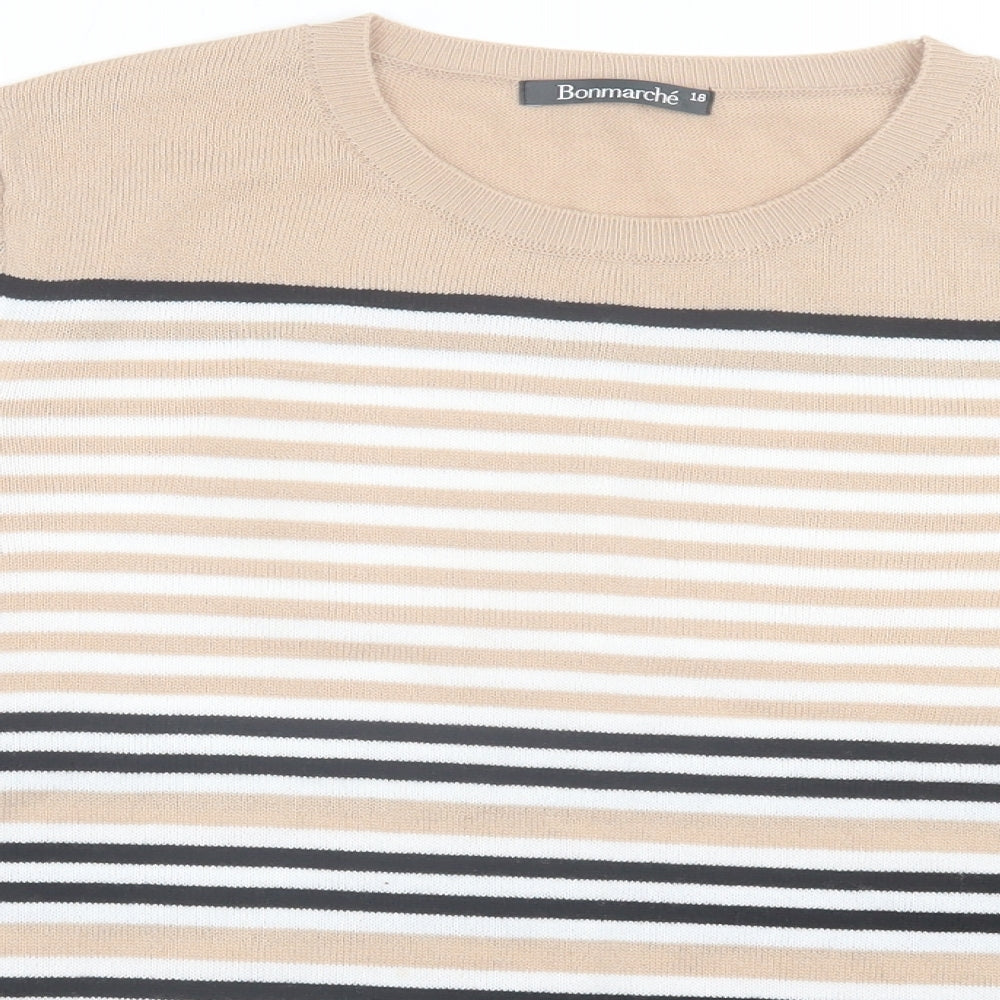 bonmarch Womens Beige Crew Neck Striped Acrylic Pullover Jumper Size 18