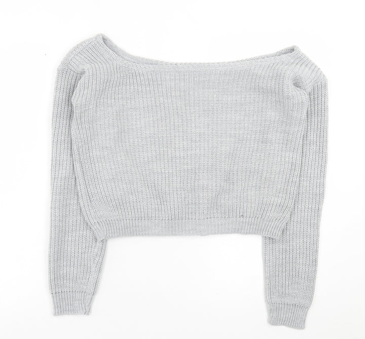 PRETTYLITTLETHING Womens Grey Boat Neck  Acrylic Pullover Jumper Size M