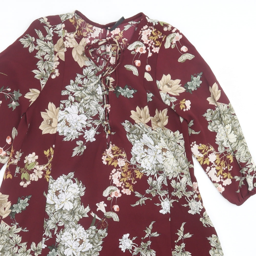 Stradivarius Womens Red Floral Polyester A-Line  Size S  V-Neck Pullover