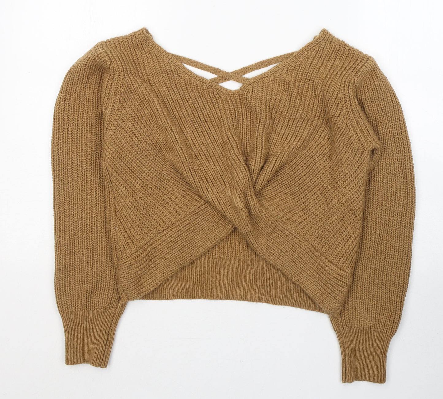 Zaful Womens Beige V-Neck  Acrylic Pullover Jumper Size 12