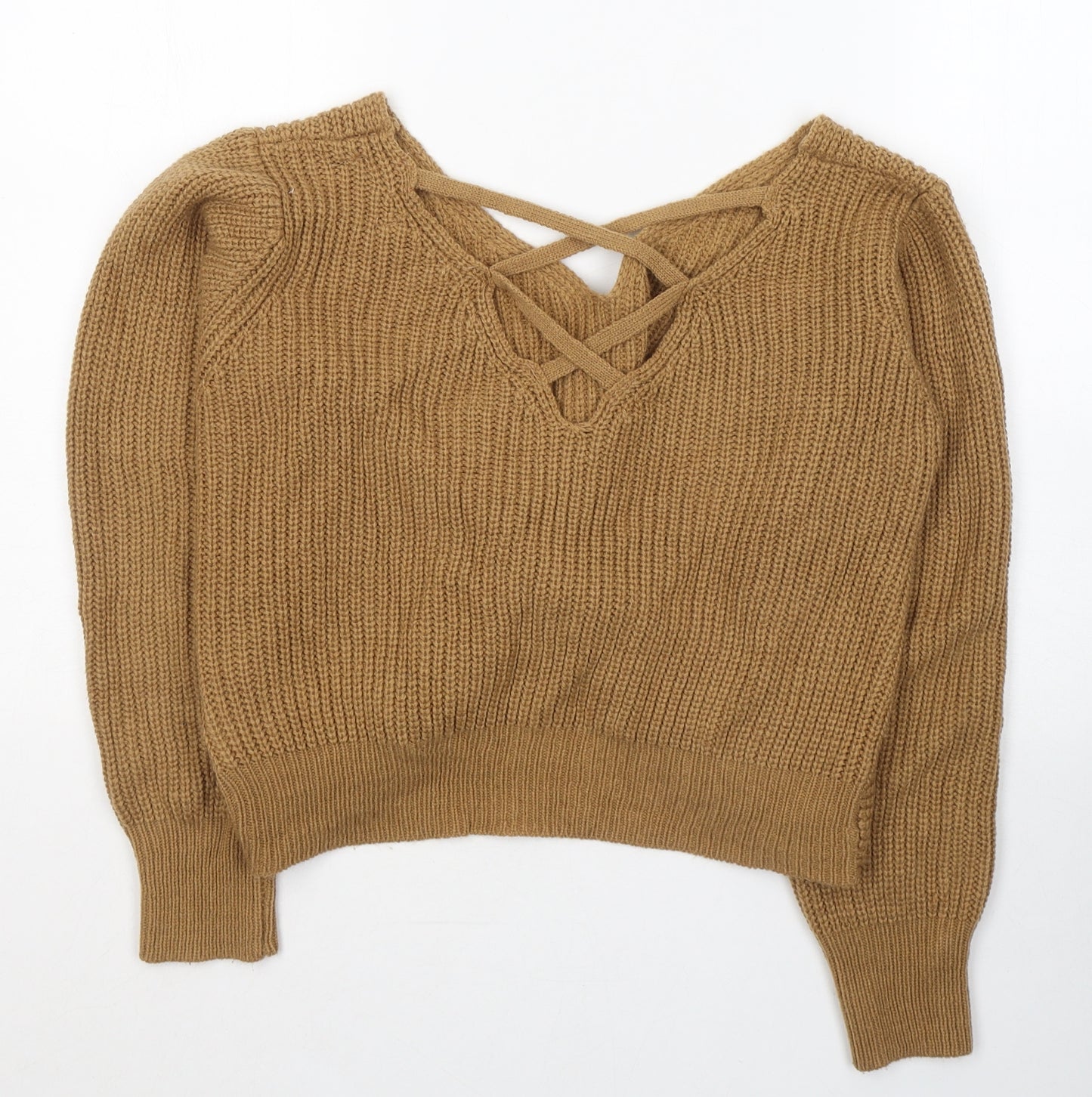 Zaful Womens Beige V-Neck  Acrylic Pullover Jumper Size 12