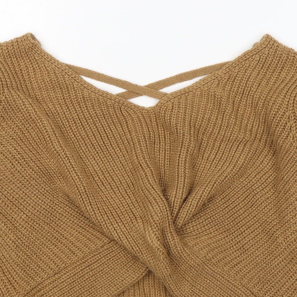 Zaful Womens Beige V-Neck  Acrylic Pullover Jumper Size 12