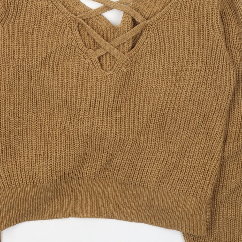 Zaful Womens Beige V-Neck  Acrylic Pullover Jumper Size 12