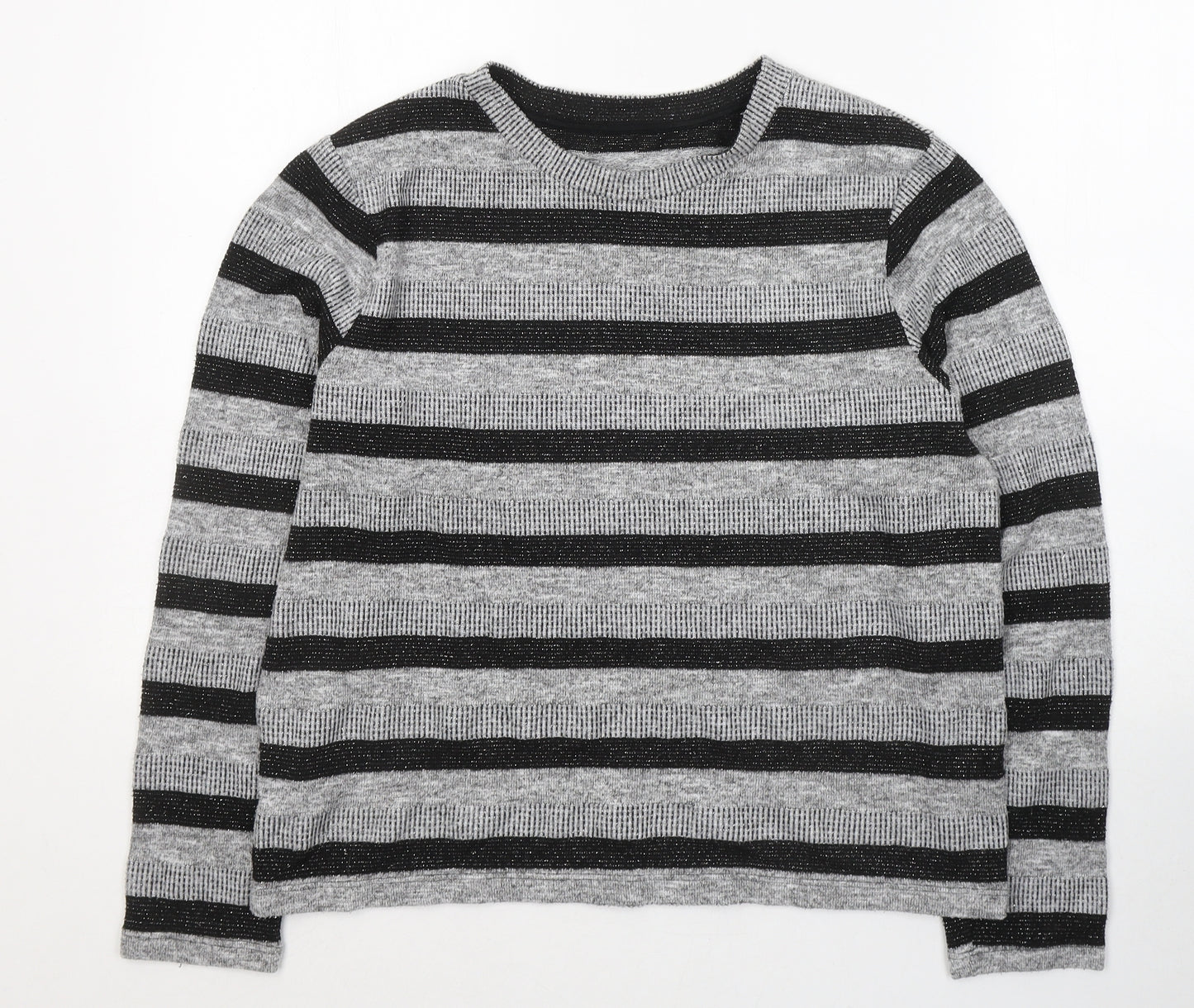 Marks and Spencer Womens Grey Round Neck Striped Polyester Pullover Jumper Size 16