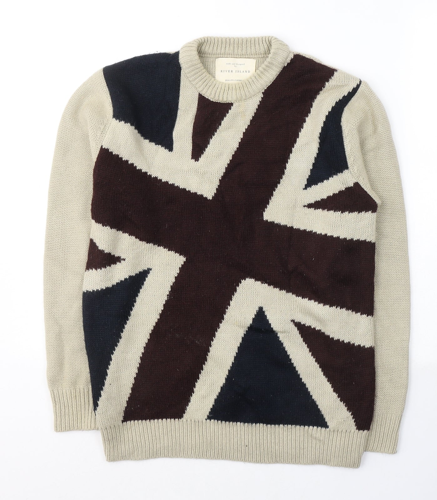 River Island Mens Beige Round Neck Geometric Acrylic Pullover Jumper Size S