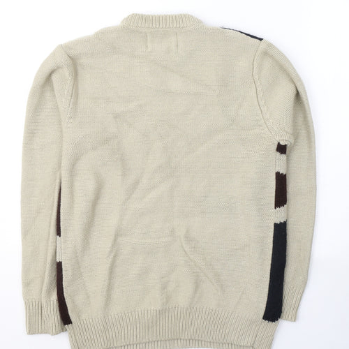 River Island Mens Beige Round Neck Geometric Acrylic Pullover Jumper Size S