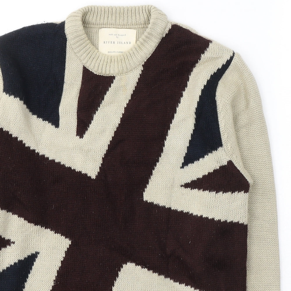 River Island Mens Beige Round Neck Geometric Acrylic Pullover Jumper Size S