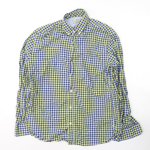 Mango Mens Blue Plaid Cotton  Button-Up Size S Collared Button