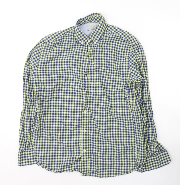Mango Mens Blue Plaid Cotton  Button-Up Size S Collared Button